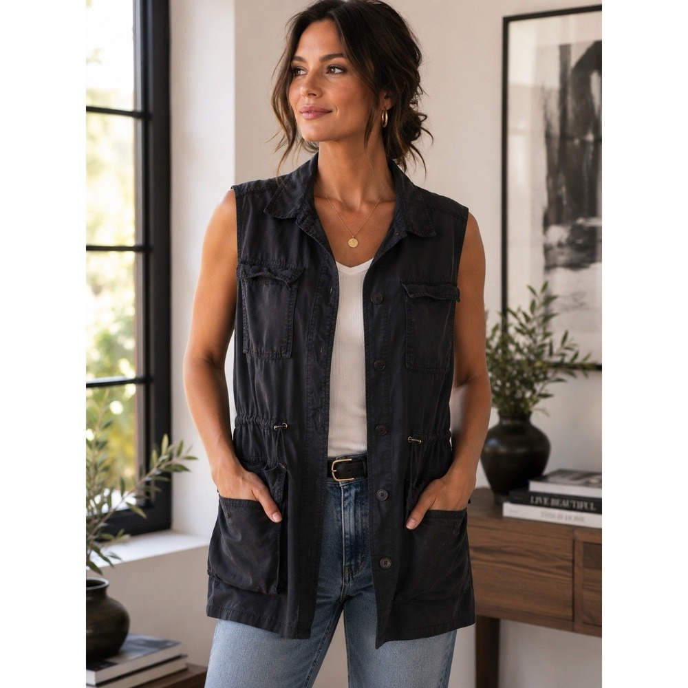 Buffalo David Bitton Utility Safari Vest Black Women's Large Cargo Drawstring